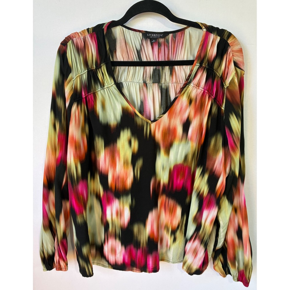 Liverpool‎ V-Neck Smocked Abstract Floral Blouse Womens XL Multicolor Excellent